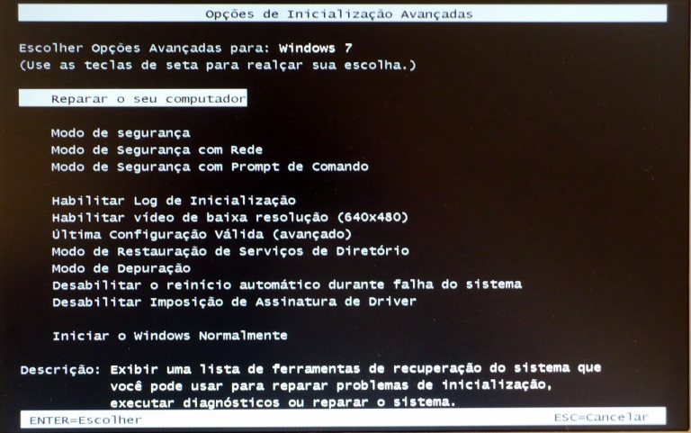 Menu de reparo do Windows 7